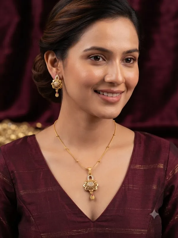 Elegant_Gold-Plated_Matte_Finish_Pendant_Set_with_Matching_Earrings