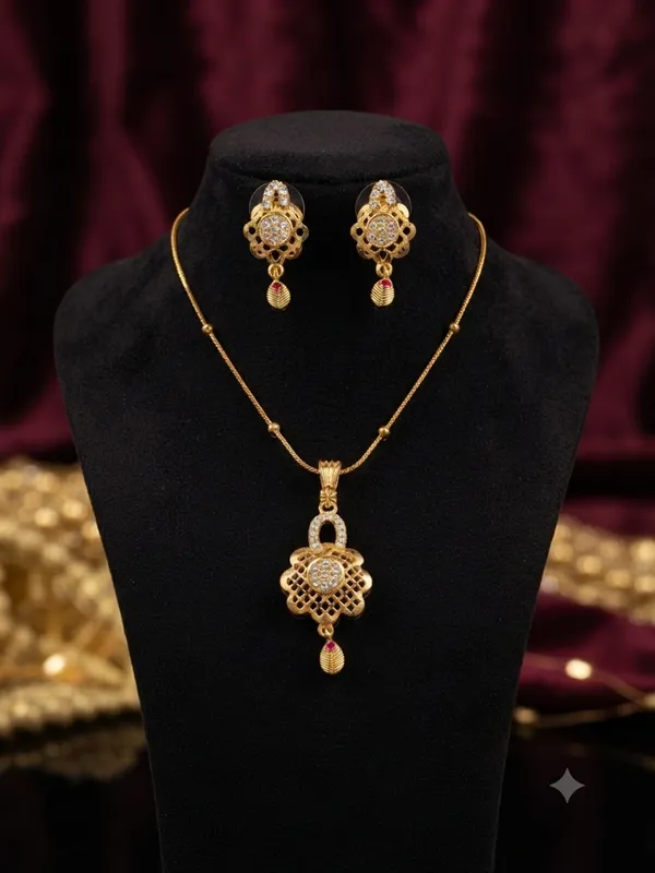 Elegant_Gold-Plated_Matte_Finish_Pendant_Set_with_Matching_Earrings