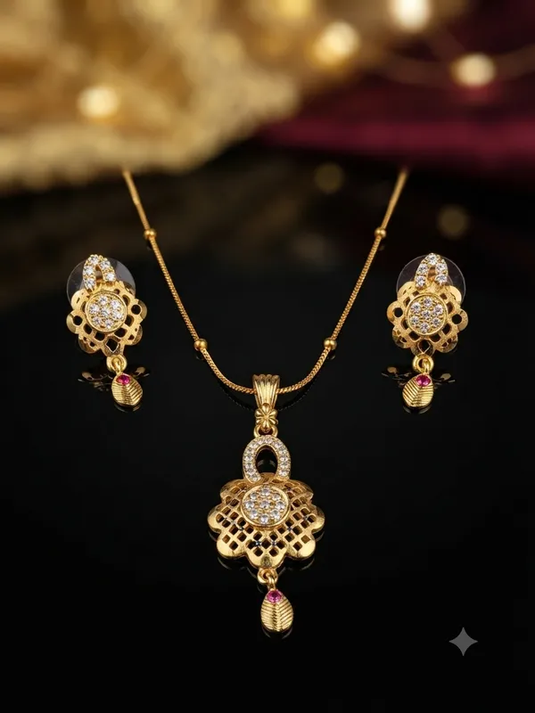 Elegant_Gold-Plated_Matte_Finish_Pendant_Set_with_Matching_Earrings