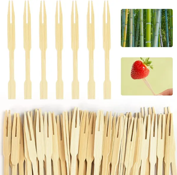 200Pcs_Disposable_Bamboo_Wooden_Fruit_Canape_Forks_Bamboo_Party_Two_Prongs_Fruit_Picks_Bluntend_Cocktail�?¯_Pack_Of_150_Forks