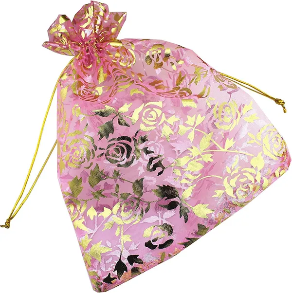 50_Pcs_Potli_Bags,_Organza_Pouches_6X8_With_Drawstring_Small_Potli_Bags_For_Return_Gifts_For_Wedding|_Party_|Baby_Shower|_Dry_Fruit_Pouches_(Pink_Flower)