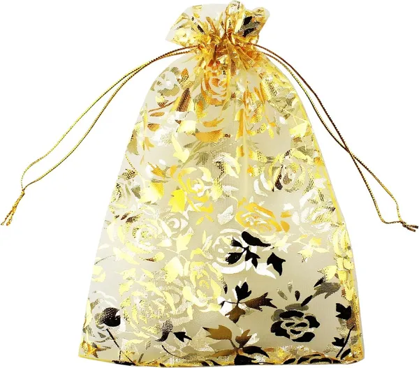 DNY_�??_50_Pcs_Potli_Bags,_Organza_Pouches_7X9_Inches_with_Drawstring_Small_Potli_Bags_for_Return_Gifts_for_Wedding|_Party_|Baby_Shower|_Dry_Fruit_Pouches_(Gold_Flower)