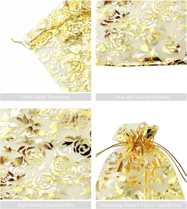 DNY_�??_50_Pcs_Potli_Bags,_Organza_Pouches_7X9_Inches_with_Drawstring_Small_Potli_Bags_for_Return_Gifts_for_Wedding|_Party_|Baby_Shower|_Dry_Fruit_Pouches_(Gold_Flower)