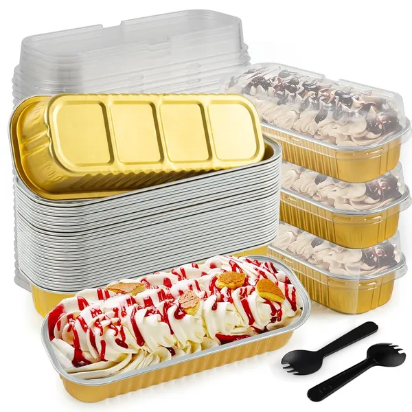 50Pcs_Mini_Loaf_Pans_With_Lids_&_Spoons_Gold_Aluminum_Foil_Baking_Pans_|_Disposable_Mini_Cake_&_Brownie_Pans_With_Covers_|_Rectangle_Baking_Cups_For_Party,_Picnic,_Oven_Use