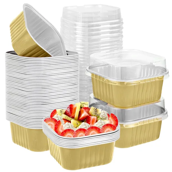 50_Pcs_5Oz_Mini_Square_Aluminum_Foil_Baking_Cups_With_Lids_Gold_Disposable_Ramekins,_Cake_Pans,_Muffin_&_Cheesecake_Cups_Oven_Safe_Cupcake_Containers_For_Parties_&_Catering