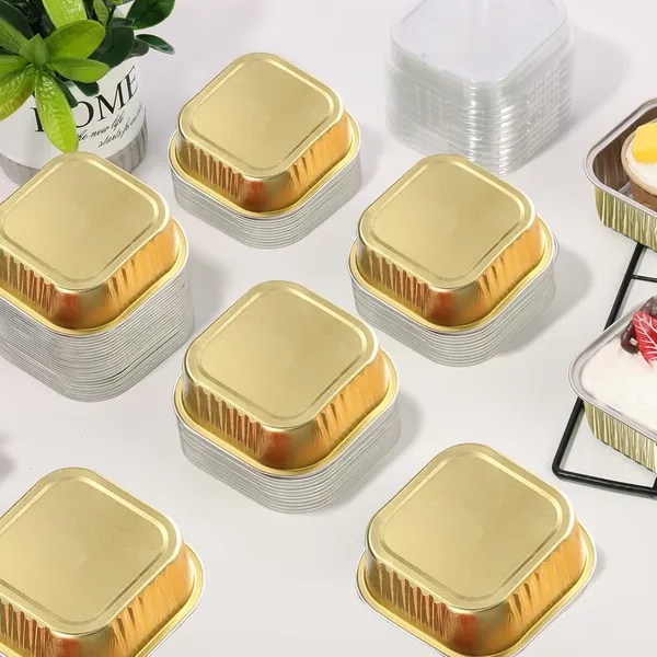 50_Pcs_5Oz_Mini_Square_Aluminum_Foil_Baking_Cups_With_Lids_Gold_Disposable_Ramekins,_Cake_Pans,_Muffin_&_Cheesecake_Cups_Oven_Safe_Cupcake_Containers_For_Parties_&_Catering