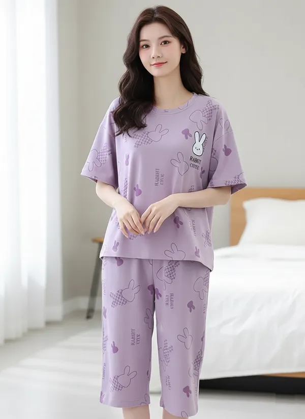 Lavender_Cozy_Rabbit_Print_Looper_Knit_Pajama_Set_-_Soft_&_Breathable_Loungewear_For_Women
