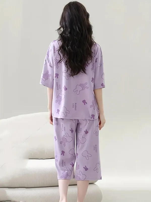 Lavender_Cozy_Rabbit_Print_Looper_Knit_Pajama_Set_-_Soft_&_Breathable_Loungewear_For_Women