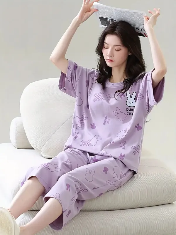 Lavender_Cozy_Rabbit_Print_Looper_Knit_Pajama_Set_-_Soft_&_Breathable_Loungewear_For_Women