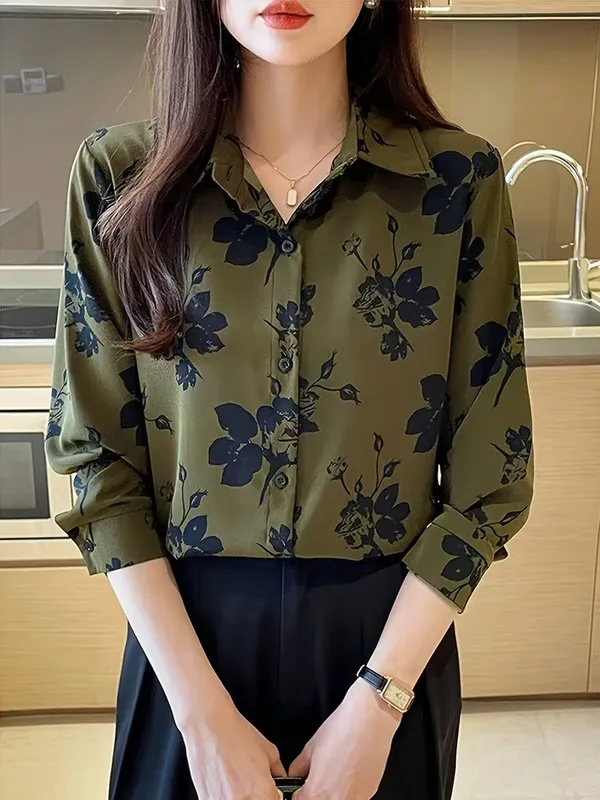 Elegant_Olive_Green_Floral_Printed_Shirt_for_Women_|_Premium_Office_Wear_Top_|_Stylish_Casual_&_Formal_Button-Down_Blouse”
