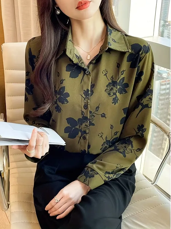 Elegant_Olive_Green_Floral_Printed_Shirt_for_Women_|_Premium_Office_Wear_Top_|_Stylish_Casual_&_Formal_Button-Down_Blouse”