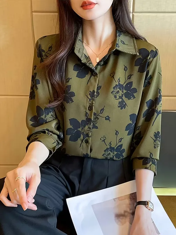 Elegant_Olive_Green_Floral_Printed_Shirt_for_Women_|_Premium_Office_Wear_Top_|_Stylish_Casual_&_Formal_Button-Down_Blouse”
