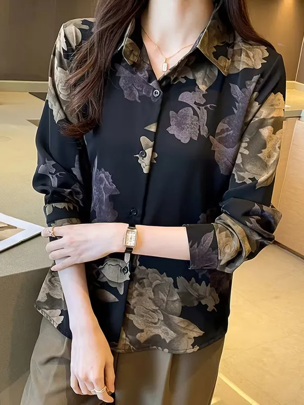 Black_Floral_Print_Polo_Collar_Button_Shirt,_Elegant_Long_Sleeve_For_Women