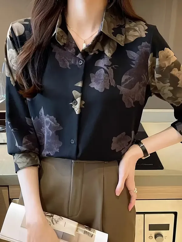 Black_Floral_Print_Polo_Collar_Button_Shirt,_Elegant_Long_Sleeve_For_Women