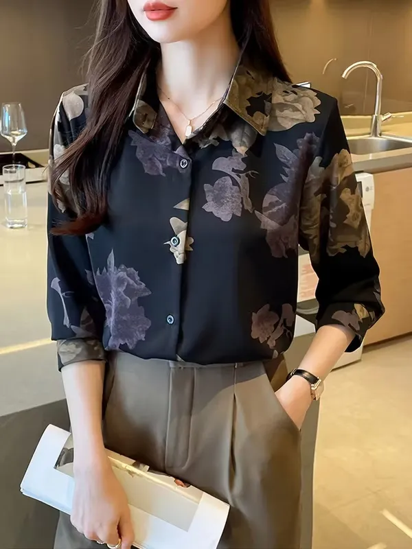 Black_Floral_Print_Polo_Collar_Button_Shirt,_Elegant_Long_Sleeve_For_Women