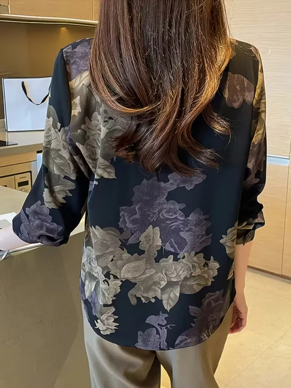 Black_Floral_Print_Polo_Collar_Button_Shirt,_Elegant_Long_Sleeve_For_Women