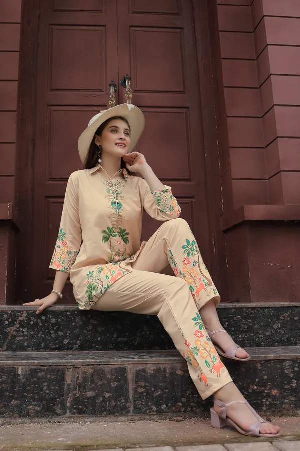 Beige_Floral_Printed_Shirt_Collar_Tunic_With_Trousers_For_Women