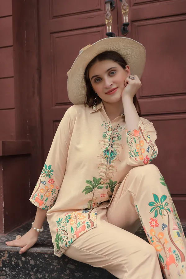 Beige_Floral_Printed_Shirt_Collar_Tunic_With_Trousers_For_Women