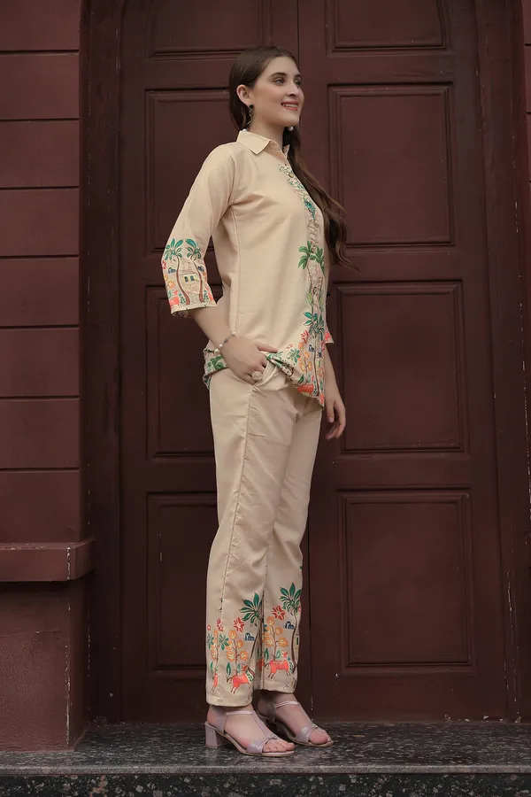 Beige_Floral_Printed_Shirt_Collar_Tunic_With_Trousers_For_Women