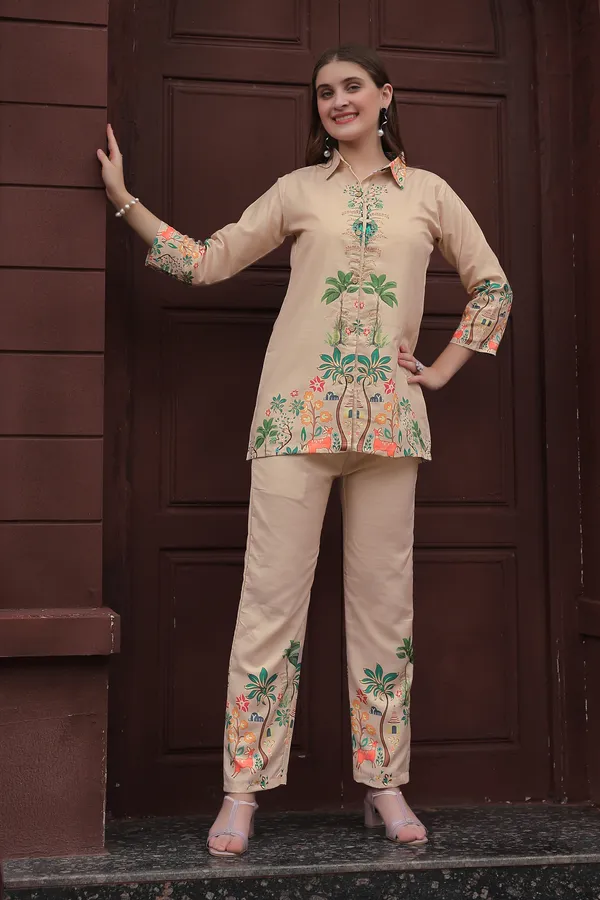 Beige_Floral_Printed_Shirt_Collar_Tunic_With_Trousers_For_Women
