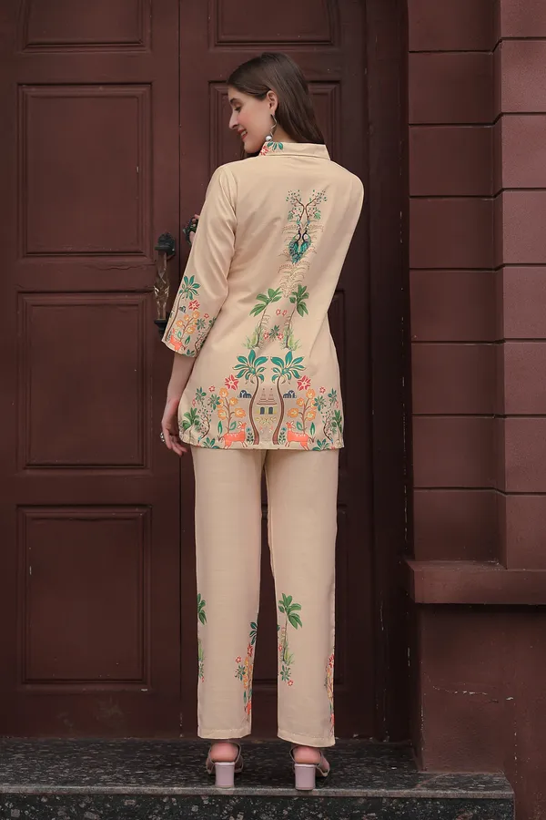 Beige_Floral_Printed_Shirt_Collar_Tunic_With_Trousers_For_Women