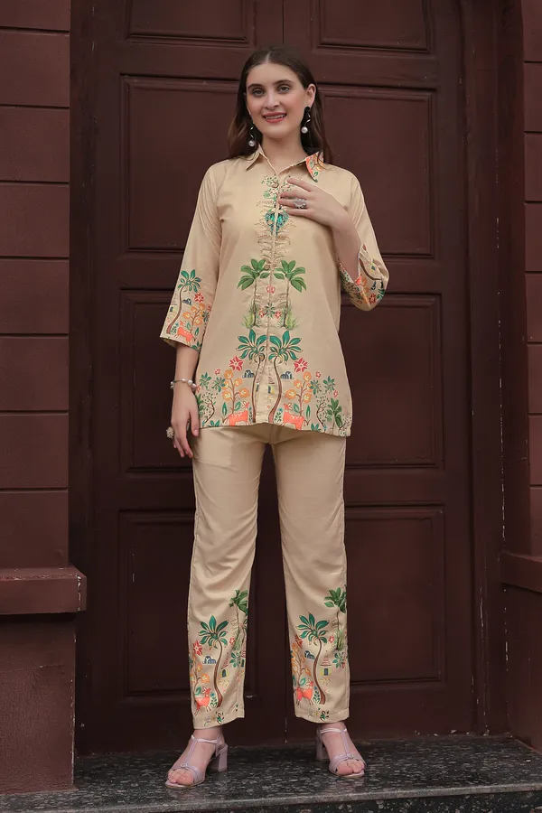 Beige_Floral_Printed_Shirt_Collar_Tunic_With_Trousers_For_Women