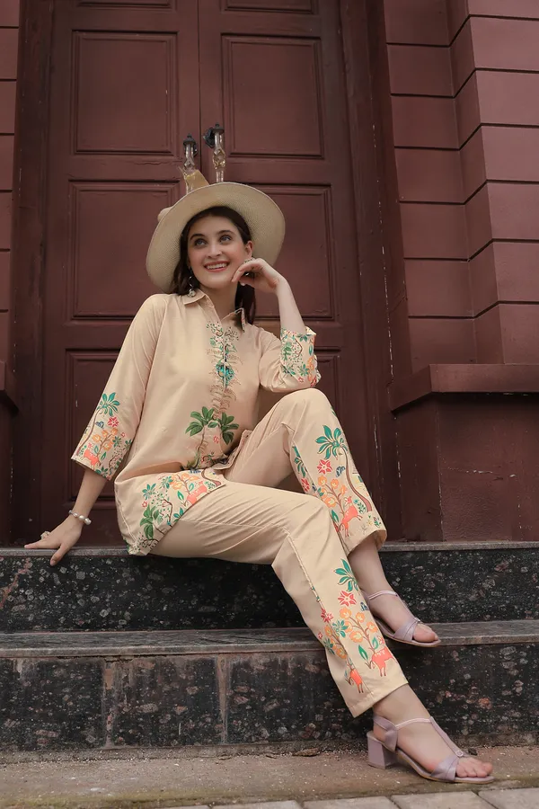 Beige_Floral_Printed_Shirt_Collar_Tunic_With_Trousers_For_Women