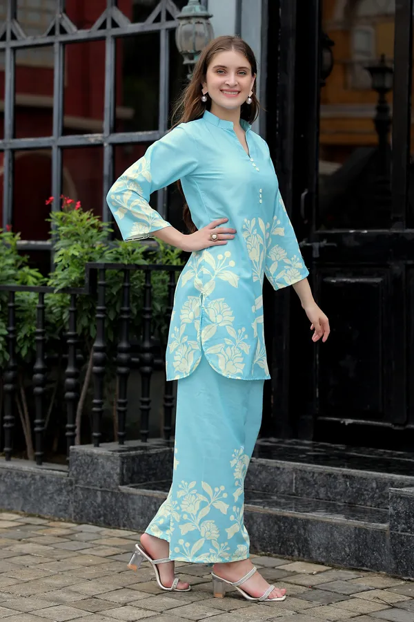 Aqua_Floral_Printed__Rayon_Slub_Co-ord_Set_Kurta_Top-Bottom_for_Women