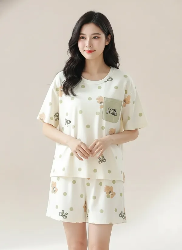 Cream_printed_Loungewear_Set__Cool_Bears_T-Shirt_&_Shorts_For_Women