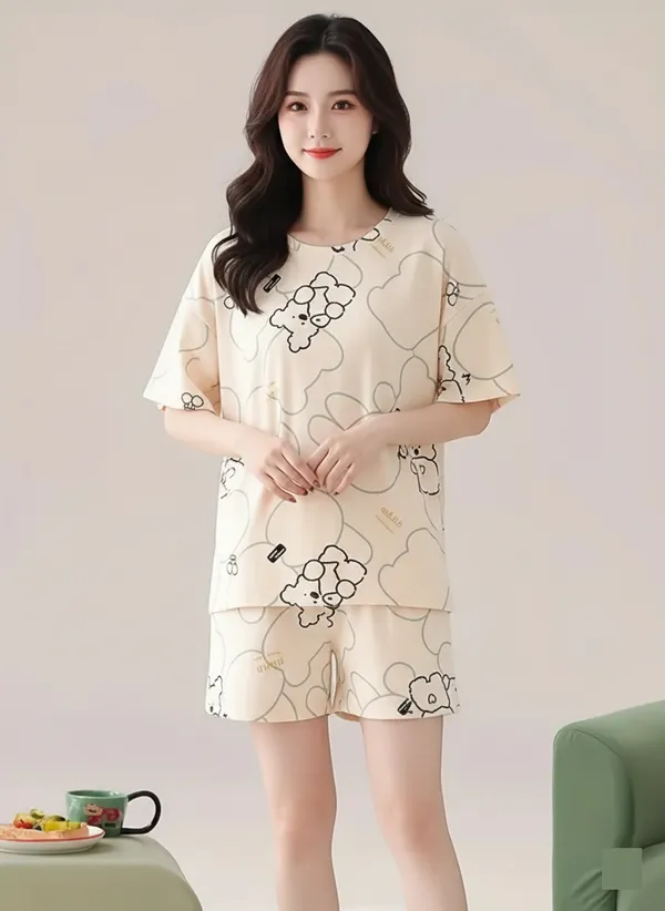 Cream_Looper_Fabric_Night_Dress__Cute_Cartoon_Bear_Print_For_Women