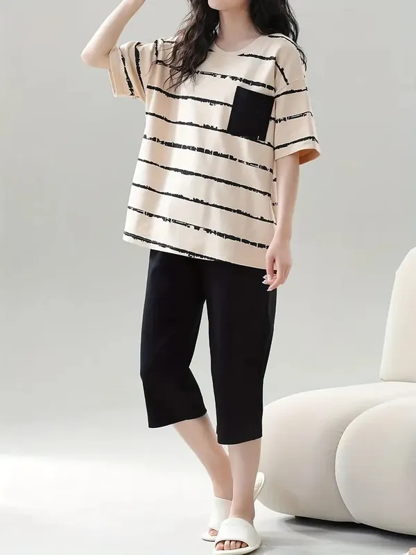 Cream_And_Black_Women__Printed_Loungewear_Set__Striped_T-Shirt_&_Capri_Pants_For_Women