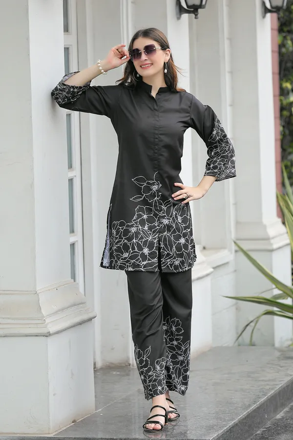 Black_Printed_Mandarin_Collar_Tunic_With_Palazzos_Co-Ords_For_Women
