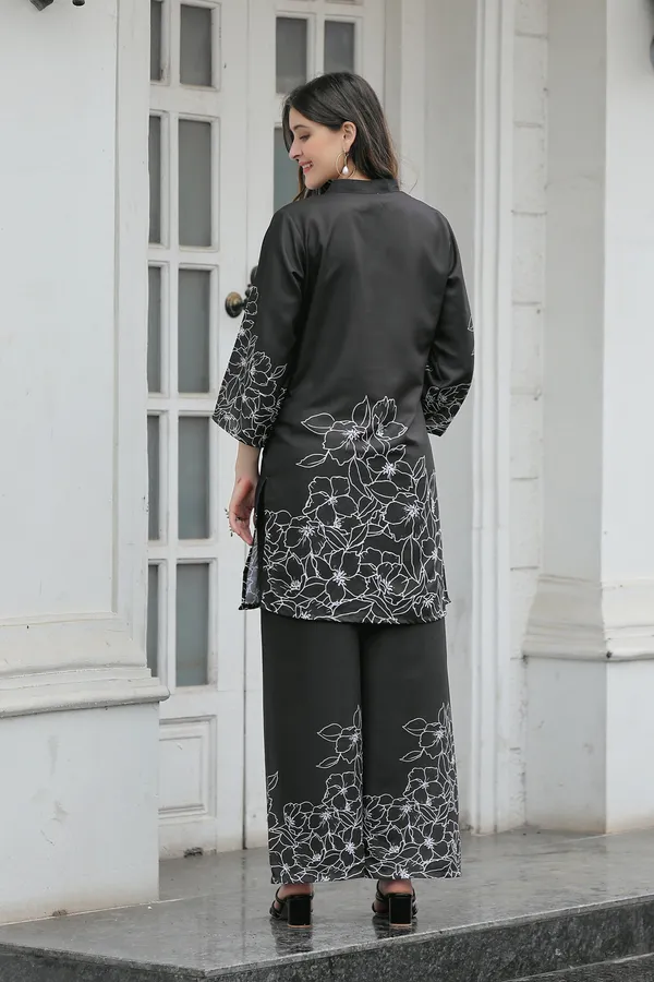 Black_Printed_Mandarin_Collar_Tunic_With_Palazzos_Co-Ords_For_Women