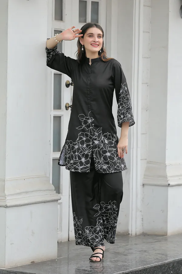 Black_Printed_Mandarin_Collar_Tunic_With_Palazzos_Co-Ords_For_Women