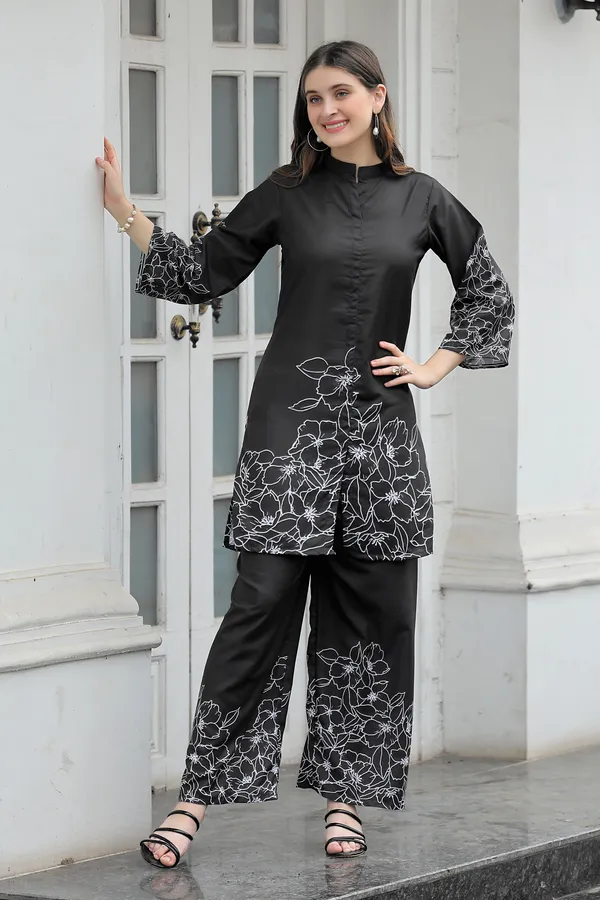 Black_Printed_Mandarin_Collar_Tunic_With_Palazzos_Co-Ords_For_Women