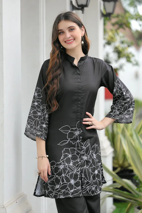 Black_Printed_Mandarin_Collar_Tunic_With_Palazzos_Co-Ords_For_Women