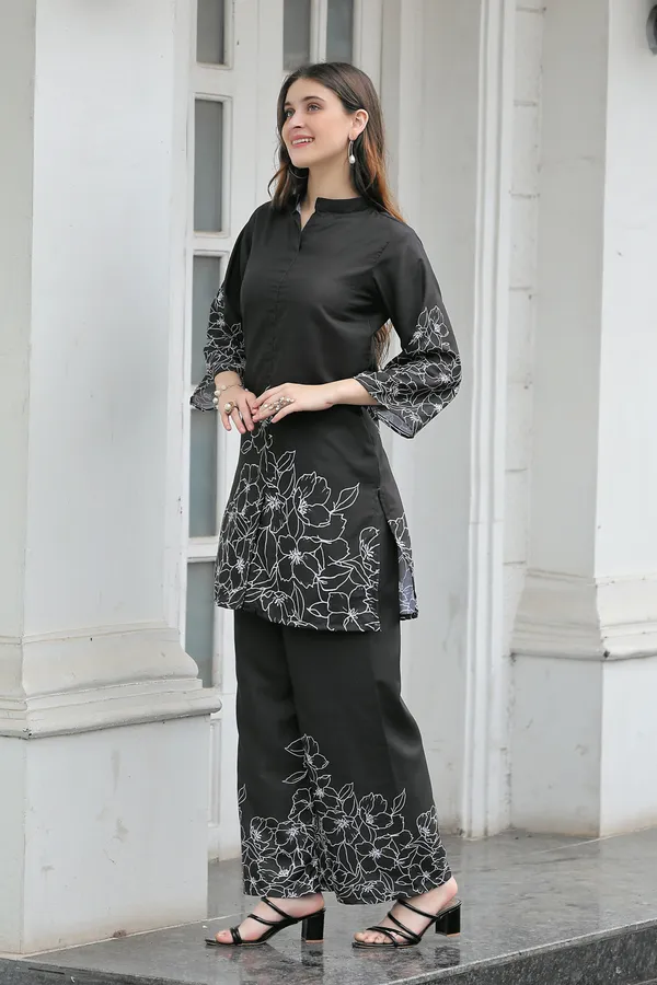 Black_Printed_Mandarin_Collar_Tunic_With_Palazzos_Co-Ords_For_Women