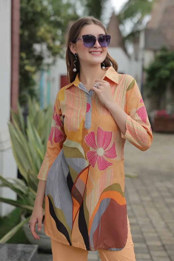 Peach_Printed_Shirt_Collar_Three-Quarter_Sleeves_Tunic_With_Trouser_For_Women