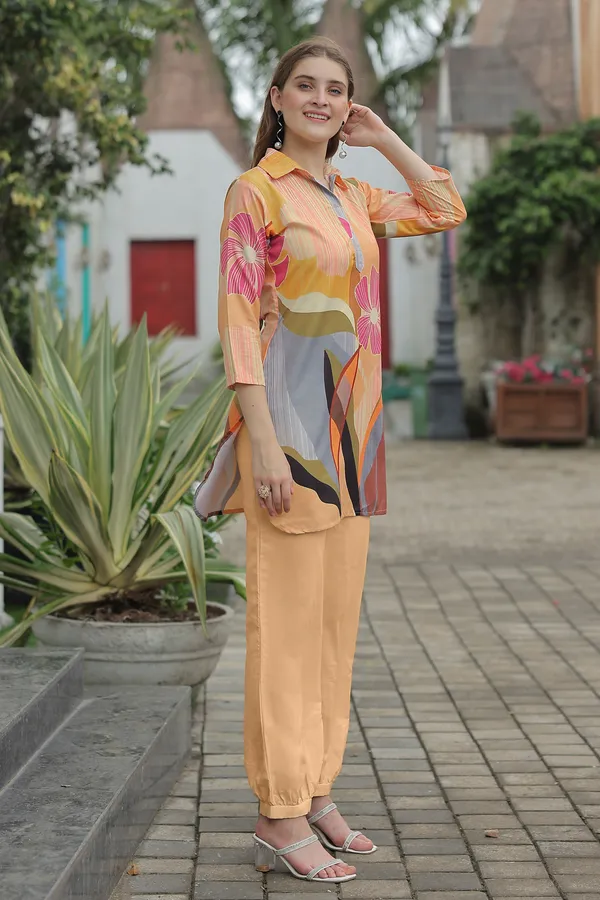 Peach_Printed_Shirt_Collar_Three-Quarter_Sleeves_Tunic_With_Trouser_For_Women