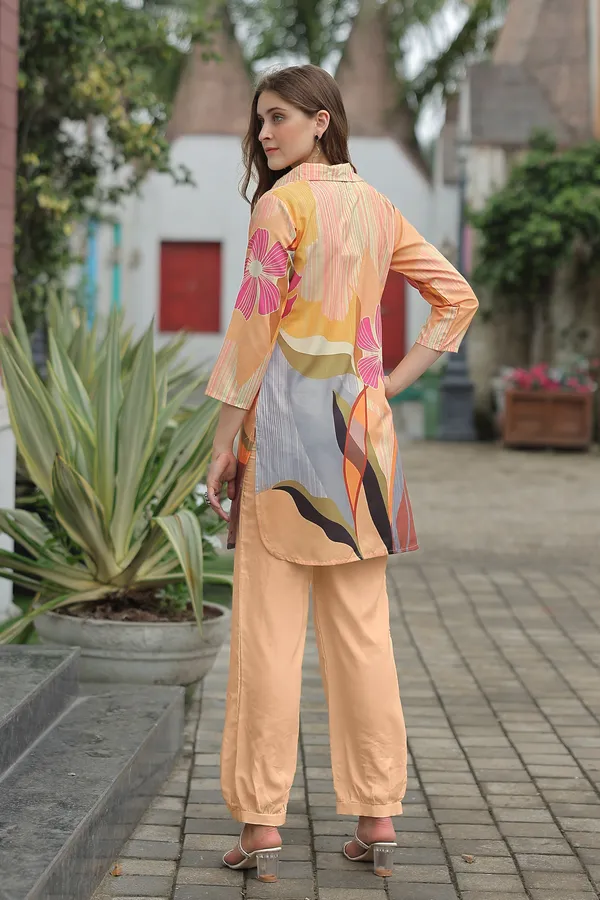 Peach_Printed_Shirt_Collar_Three-Quarter_Sleeves_Tunic_With_Trouser_For_Women