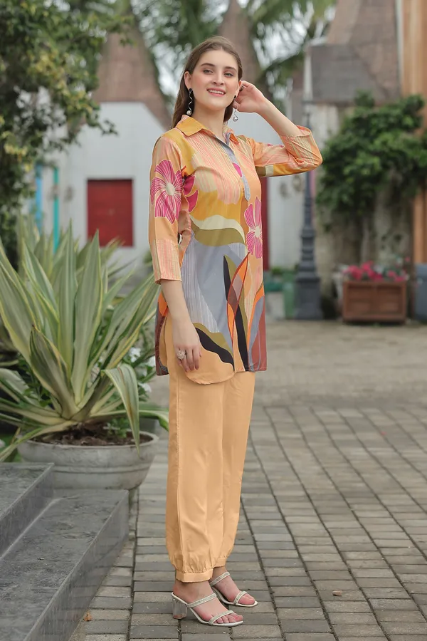Peach_Printed_Shirt_Collar_Three-Quarter_Sleeves_Tunic_With_Trouser_For_Women