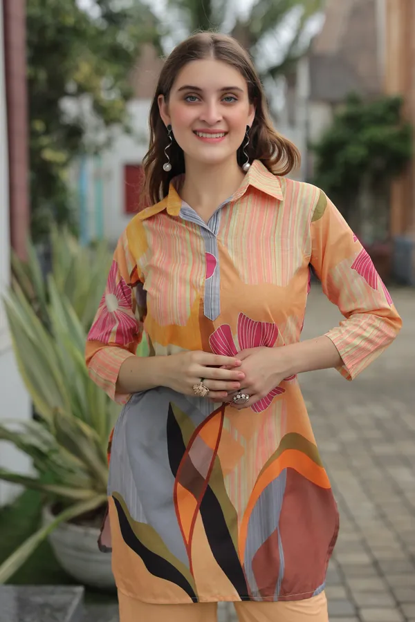 Peach_Printed_Shirt_Collar_Three-Quarter_Sleeves_Tunic_With_Trouser_For_Women