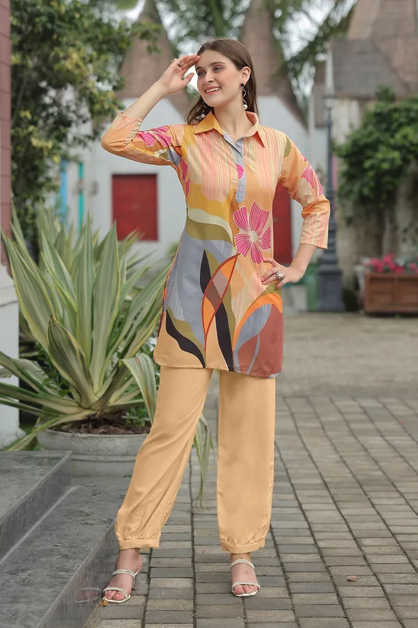 Peach_Printed_Shirt_Collar_Three-Quarter_Sleeves_Tunic_With_Trouser_For_Women