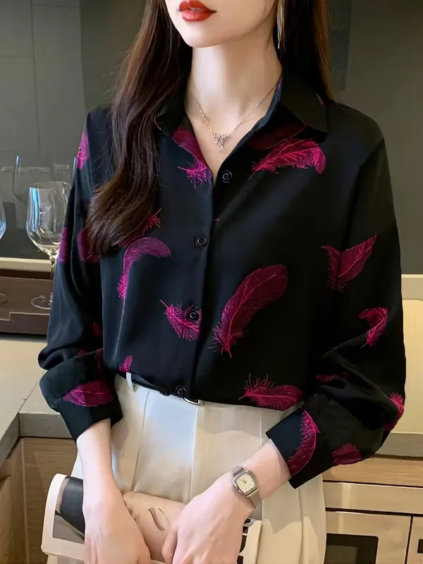 Stylish_Black_Feather_Print_Shirt_for_Women_|_Premium_Office_Wear_Top_|_Elegant_Casual_&_Formal_Button-Down_Blouse”