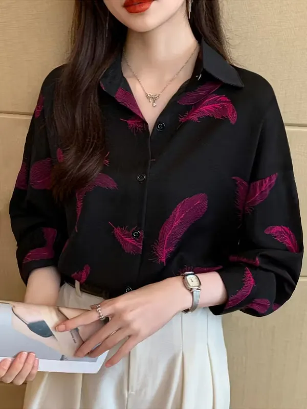 Stylish_Black_Feather_Print_Shirt_for_Women_|_Premium_Office_Wear_Top_|_Elegant_Casual_&_Formal_Button-Down_Blouse”
