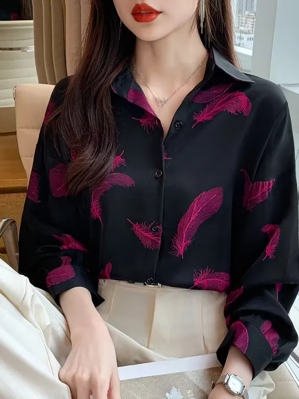 Stylish_Black_Feather_Print_Shirt_for_Women_|_Premium_Office_Wear_Top_|_Elegant_Casual_&_Formal_Button-Down_Blouse”