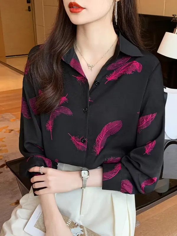 Stylish_Black_Feather_Print_Shirt_for_Women_|_Premium_Office_Wear_Top_|_Elegant_Casual_&_Formal_Button-Down_Blouse”