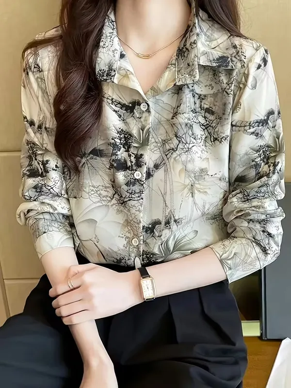 Cream_And_Black_Floral__Button-Up_Lapel_Collar_Shirt_for_Spring_and_Fall_-_Long_Sleeve_Woven_Top_For_Women