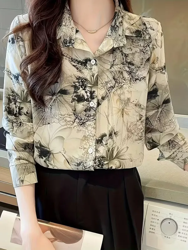 Cream_And_Black_Floral__Button-Up_Lapel_Collar_Shirt_for_Spring_and_Fall_-_Long_Sleeve_Woven_Top_For_Women
