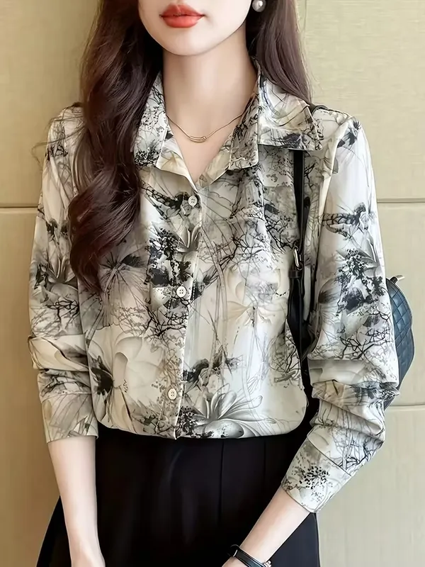Cream_And_Black_Floral__Button-Up_Lapel_Collar_Shirt_for_Spring_and_Fall_-_Long_Sleeve_Woven_Top_For_Women